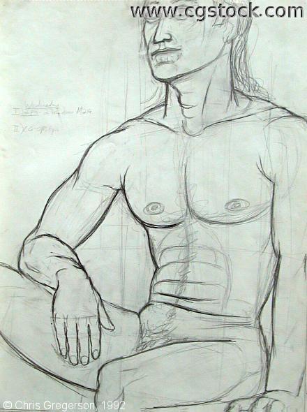 Photo of Pencil Contour Drawing of Sitting Male Figure(1930)