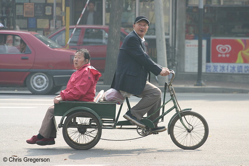 Photo of Man Carrying Woman, Bicycle Cart, Beijing, China(5146)