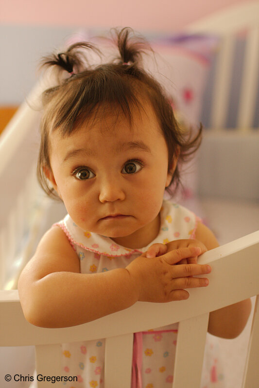 Photo of Baby Girl Standing in her Crib(7650)